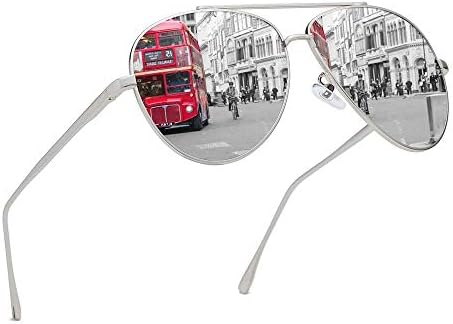 AIMADE Premium Military Polarized Aviator Sunglasses Metal Frame Brand Unique Design Sun glasses For Mens Womens 100% UV Protection (Silver Frame/Silver Lens, 58)