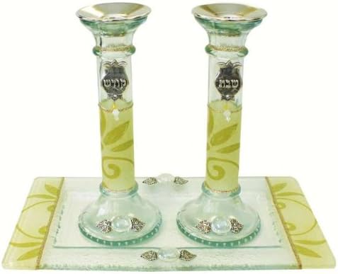 Lily Art Glass Appliquéd Pearl/Gold Shabbat Candle Stick Holders and Tray