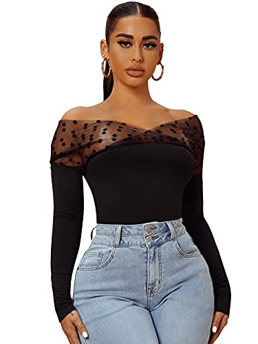 SheIn Women s Elegant Mesh Polka Dot Shirts Long Sleeve Tunic Off Shoulder Tops Black M