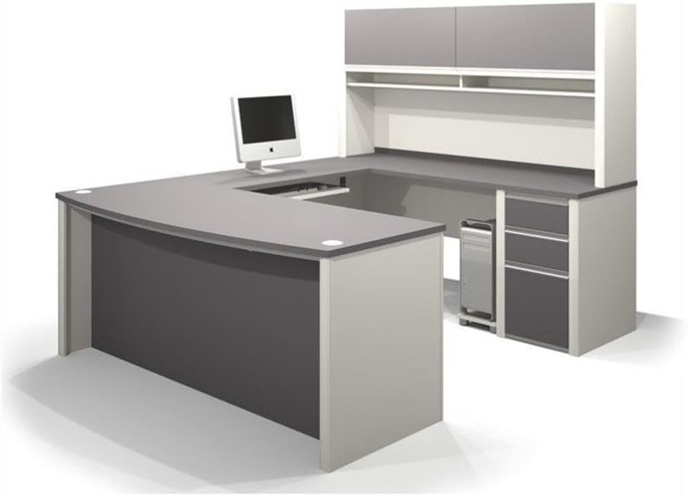 Bowery Hill Contemporary Wood U-Shaped Workstation, Sandstone/Gray Finish, 71.13"W x 92.38"D x 65.75"H, Modular Design, Durable Melamine Surface, Commercial Grade Office Desk with Hutch and Shelving