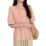 [Vincent house] ブラウス レディース パフスリーブ ボタン カウルネック 半袖 トップス 前開き シャツ ゆったり 夏 シンプル 通気 薄手 ギャザー カジュアル おしゃれ 無地 日常着