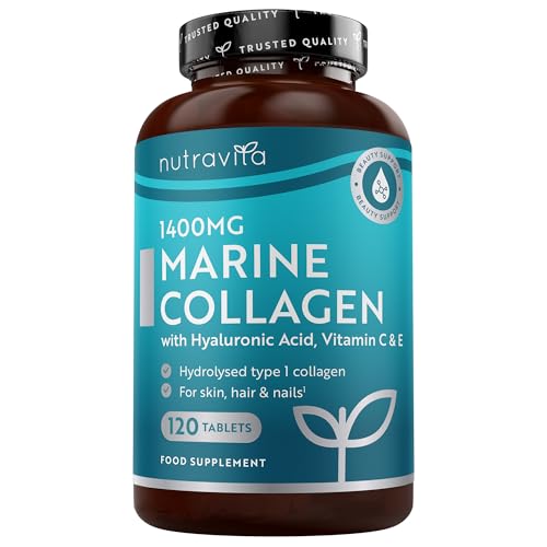 Nutravita Collagene Marin et Acide Hyaluronique 1400mg - 120 Comprimés - Peptides de Collagène Marine & Acide Hyaluronique - Peau et Articulations - Collagen avec Vitamine C, E Biotine, Zinc & Cuivre