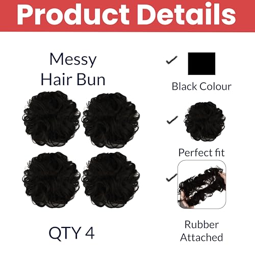 Image of TEMPERIA Hair Accessories For Women Stylish - Juda Hair Buns - Messy Bun Hair Extension - Artificial Fake Donuts Maker Scrunchies - With Elastic Rubber band - Black - 4 Pc - (25GR)