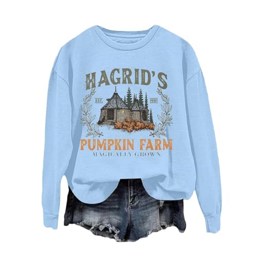 Moletom feminino com estampa de fazenda de abóbora de Halloween, manga comprida, gola redonda, super