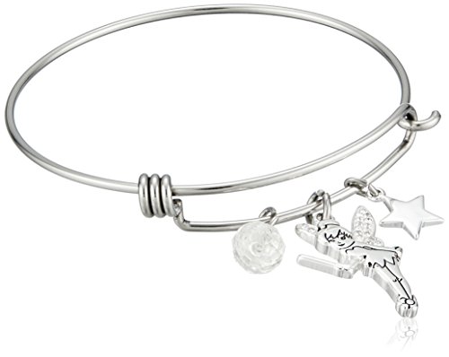 Disney Stainless Steel Catch Bangle with Silver Plated Tinker Bell, Star and Crystal Bead Charm Bangle Bracelet