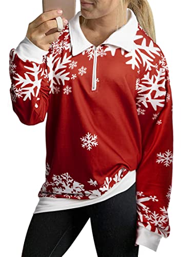 Lotucy Christmas Sweatshirt For Women Snowflake Print Quarter Zip Pullover Xmas Gift Long Sleeve Graphic Shirts Tops Red #TOP1