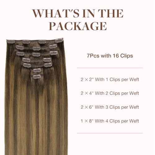 Image of GOO GOO Clip in Hair Extensions Real Human Hair, Remy Human Hair Extensions Clip ins for Women, Natural Human Hair, 20inch 120g 7Pcs, 4D /14 /5B Brunette Balayage