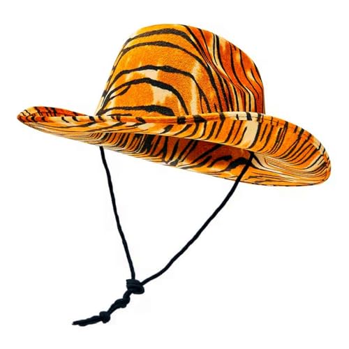TOPORTY Tiger Print Cowboy Hat Wide Brim Western Cowgirl Hats with Adjustable Lanyard Cowboy Style Hat for Men and Women