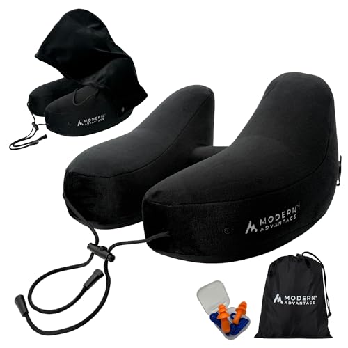 Modern Advantage Inflatable Travel Pillow for Airplanes with Comfort Hood, Adjustable Neck Support, Lightweight & Compact Flight Pillow for Sleeping on Long Flights & Travel (Black)