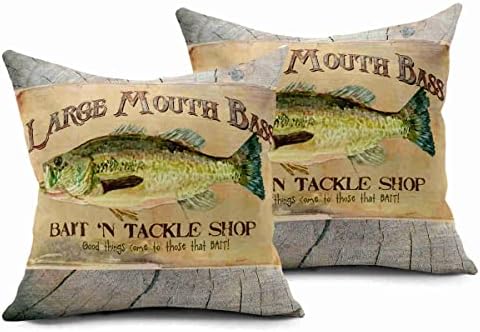Lichtion Set of 2 Throw Fishing Pillow Covers Large Mouth Bass Lakeside Fishing Cabin Wood Print Furniture Durable Waterproof Holiday Decorative Soft Bedroom Sofa Pillowcase Cushion Couch 16 x 16 Inch