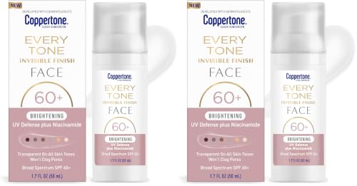 Image of Coppertone Every Tone Invisible Finish Brightening UV Defense Face Sunscreen SPF 60+ with Niacinamide, Lightweight, Blends in Clear Sunscreen for All Skin Tones, 1.7 Fl Oz Pump Bottle (Pack of 2)