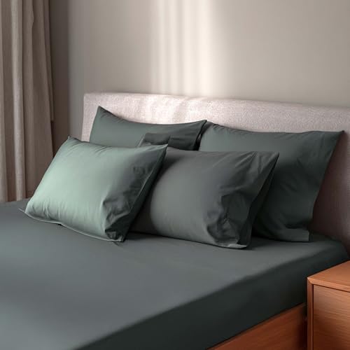 Image of Pine Green Percale Cotton Cooling Bedsheet Set - 100% Cotton, Soft & Breathable, Bedsheet 106x106 in + Pillow Covers 18x27 in, Premium Bed Linen for All Seasons