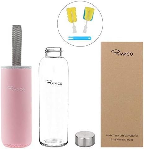 RYACO Borosilicate Glass Water Bottle 550ml BPA-Free Leak Proof Ideal for School Home Office Travel Sport Yoga Gym Hot Cold Drinks with Portable Neoprene Carrying Sleeve and Sponge Brush