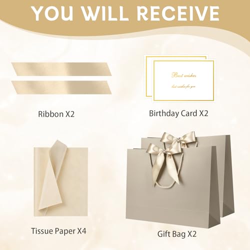 Image of JMANNI Gift Bags with Handles, 14.6 inch Large Gift Bags with Tissue Paper | 2 Pcs Champagne Gold Bags, 4 Tissue Paper and 2 Cards, for Baby Shower, Wedding Bridal Shower, Birthday Party