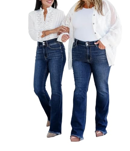 Straight Leg Jeans for Women High Waisted Double Button Vintage Stretchy Frayed Hem Denim Pants