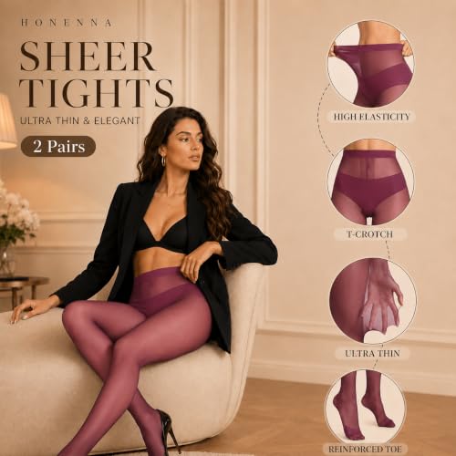 Image of HONENNA Sheer Tights for Women 2 Pairs Ultra Thin Reinforced T Crotch Control Top Pantyhose Stockings