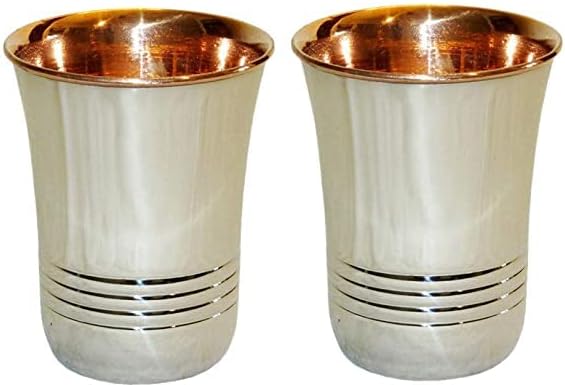 IndianCraftVilla Handicrafts Handmade Steel Copper Tumbler Outer Stainless Steel Copper Water Glass for Health Benefits Set of 2