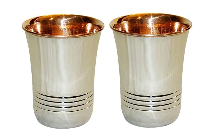 IndianCraftVilla Handicrafts Handmade Steel Copper Tumbler Outer Stainless Steel Copper Water Glass for Health Benefits Set of 2