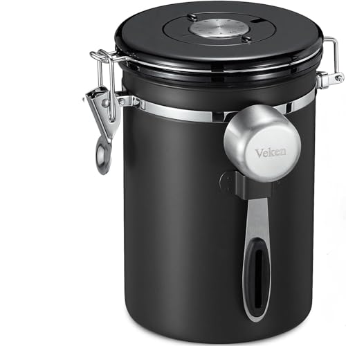 Veken Tea&Coffee Canister, Airtight Stainless Steel Kitchen Food Storage Container with Date Tracker and Scoop for Grounds Coffee, Beans, Flour, Cereal, Sugar, 22OZ, Black