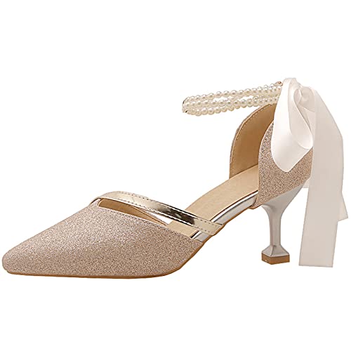 Mo Joc Vackra kattunge klackskor för kvinnor med pärlor för bröllop/dejting/fest, gyllene, 33 EU