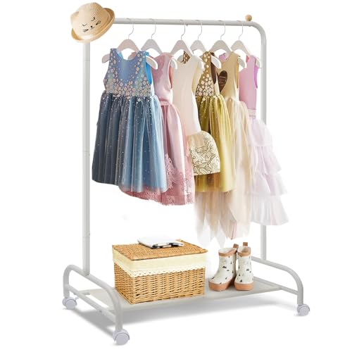 Kids Dress Up Clothing Rack with Wheels and Storage Shelf - White