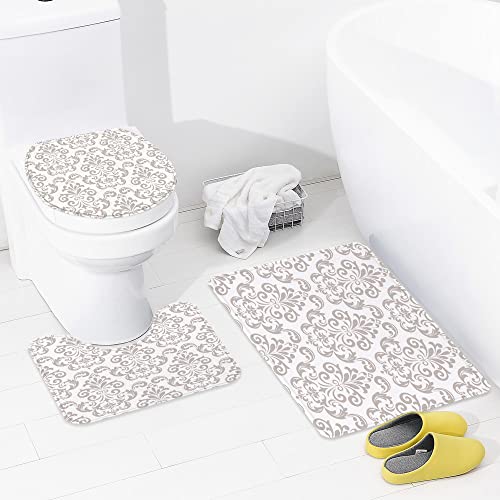 URSOPET Badezimmer Set, rutschfeste Badematte und WC-Vorleger-Set, gekachelt grau Gemustert barock abstrakt Silber… – Bild 6