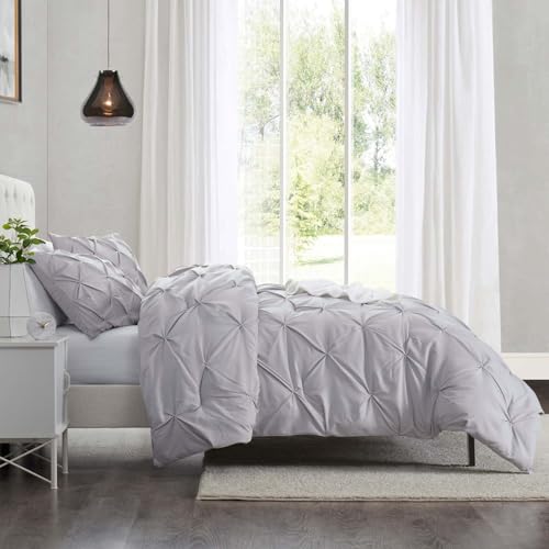 Image of Nestl Grey Lavender Duvet Cover King Size - Soft Double Brushed Duvet Set with Button Closure & Corner Ties, 3 Piece Luxurious Pinch Pleated Duvet Cover Set 104x90 Inches with 2 Pillow Shams