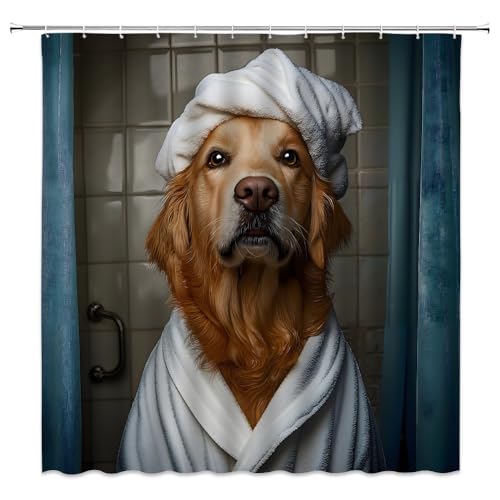 Funny Dog Shower Curtain Cute Golden Retriever Wearing Towel Take