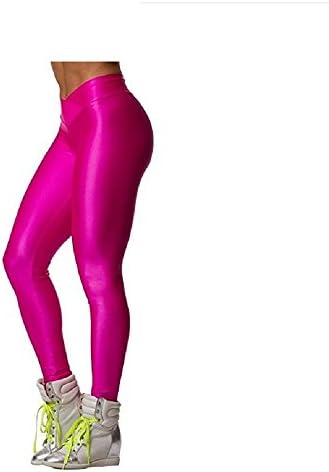 Hupplle Fashion Neon Stretch Skinny Shiny Spandex Leggings Pants (Pink, XLarge)