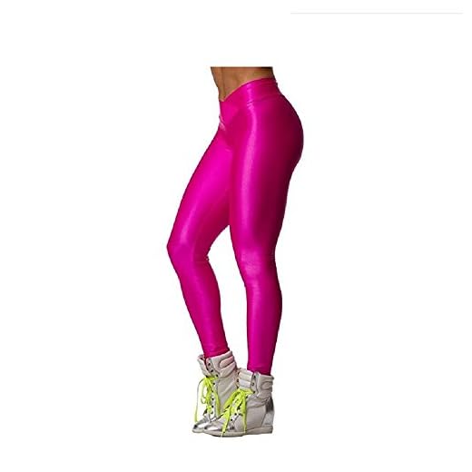 Hupplle Fashion Neon Stretch Skinny Shiny Spandex Leggings Pants (Pink, XLarge)