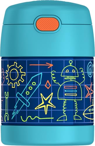 Image of THERMOS FUNTAINER Kids Food Jar with Spoon, 10oz, Robot Doodles | Kid-Friendly Stainless Steel Insulated Food Container, Keeps Food Hot or Cold Longer for School & Play, BPA Free