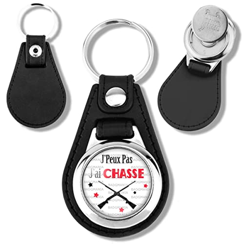 Badgmania Porte Clés Cuir Vegan Jeton de Caddie J'Peux Pas J'ai CHASSE - Humour Sport Excuse Idée Cadeau Cover