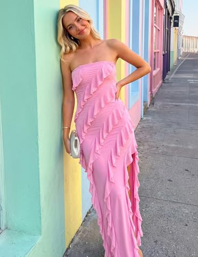 Image of ZESICA Women's 2026 Strapless Cocktail Party Bodycon Dress Off Shoulder Mesh Tassel Ruffle Side Split Maxi Long Dresses