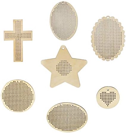 Embroidery Chips, Misscrafts 7Pcs Wooden Cross Stitch Plate Wooden Discs with Holes Mini Embroidery Template for DIY Crafts Wedding Decor Hanging Ornament 7 Sizes
