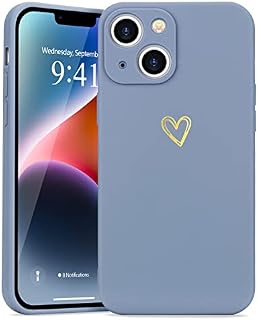 Wirvyuer Compatible with iPhone 14 Case for Girls Women Silky Soft Protective Shockproof Silicone Phone Case with Cute Gold Heart Pattern Design Blue Bumper Cover