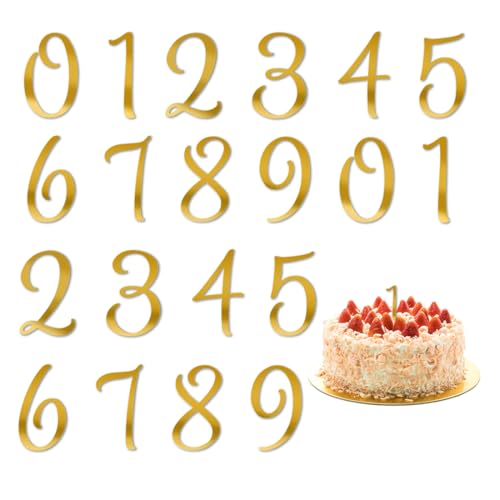 NOPKESV 20 piezas Adornos para Tartas,Decoración de Número para Tarta, Pegatinas Acrílicas de Número para Tarta Cumpleaños Fiesta Oro,Topper Cake Cumpleaños en Diseño de 0 a 9, 1mm