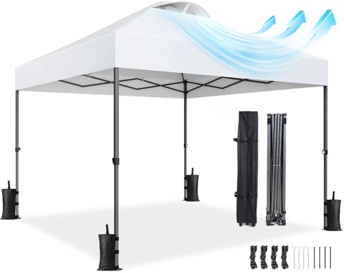 Amada 10x10ft 1-Person Setup Pop Up Canopy Tent - Easy Outdoor Sun Shade for Events, Parties, Camping, Gazebo with Wheel Cover Bag, Beach Tent with 3-Speed Adjustable Height,White