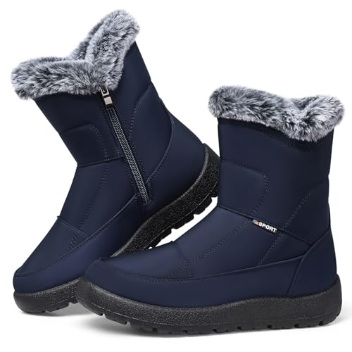 SHIBEVER Women's Snow Boots Winter: Waterproof Fur Lined Anti-Slip Ankle Booties Outdoor Comfortable Furry Women Snow Boot Navy Blue Size 8