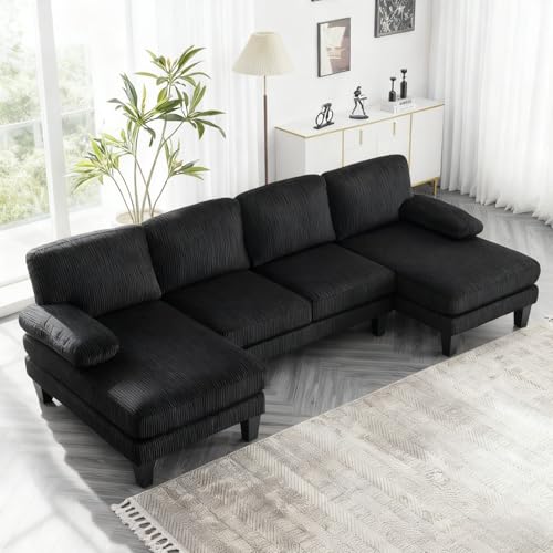 Image of Karl home Compact U-Shape Sectional Sofa Couch 111 inch 4-Seat Black | Modern, Corduroy Fabric Upholstered, Double Chaise, Wood Grain Legs for Living Room, Home Office, Apartment, Studio