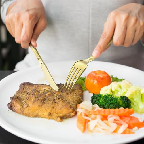 image for Dealusy 300 Count Extra Heavy Duty Gold Plastic Silverware, 100 Forks,