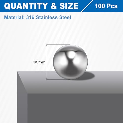 QUARKZMAN 100 Stück Kugellager Stahlkugeln, 8mm Kugellager Kugeln 316 Edelstahl Edelstahlkugeln G200 Präzisions Metallkugeln Lager Stahlkugeln für Lager Fahrräder
