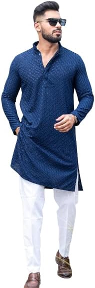 CRYSTAL REVENUEMen's Floral Embroidered Cotton Rich Traditional and Lakhnavi Ethnic Wear Straight Kurta Set Pack of 01.