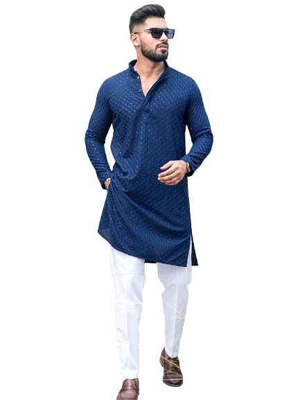 CRYSTAL REVENUEMen's Floral Embroidered Cotton Rich Traditional and Lakhnavi Ethnic Wear Straight Kurta Set Pack of 01.