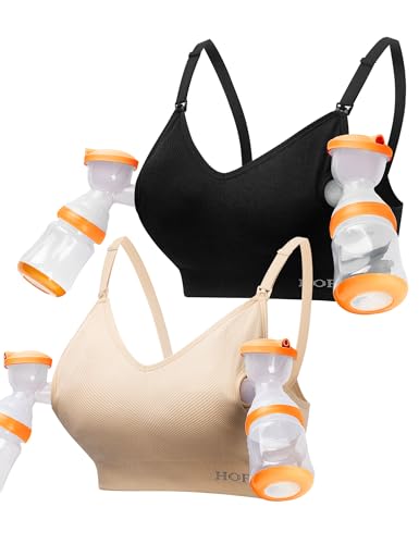 Image of HOFISH Women's Pumping & Nursing Bra Hands Free,3-in-1 Seamless Soft Wirefree Pregnancy Bra, Wearable Breast Pump Bra BlackBeige L