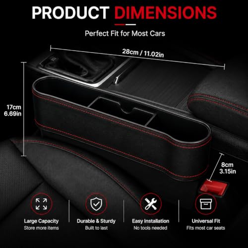 Image of Car Seat Gap Filler Organizer, Car Seat Storage Box, Car Organiser and Storage Console Side Pocket for Phone, Wallet, Keys & Coins, Leather Finish Car Interior Organizer, Black