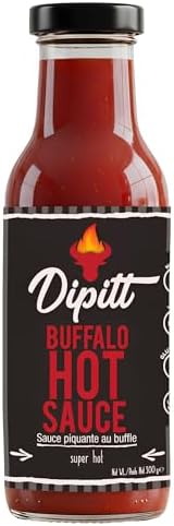 Dipitt buffalo hot sauce 10.58 oz (300g) | condiment for dipping, marinade & cooking | verified non-gmo | halal & gluten free | no artificial flavours and colours | finest glass bottle