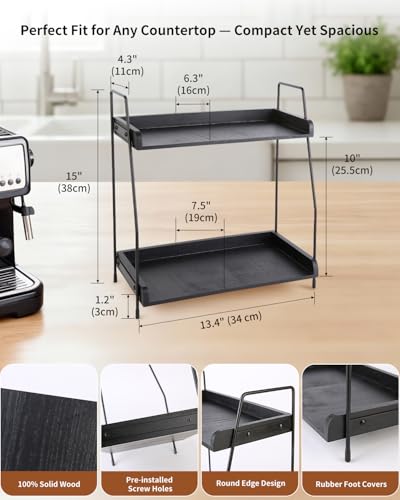 seashpea Coffee Bar Organizer for Countertop, 2-Tier Coffee Station Organizer with Metal Frame & Wooden Shelves, Coffee Accessories Organizer Rack for Pods, Syrups, Cups & Tea Bags (Black)