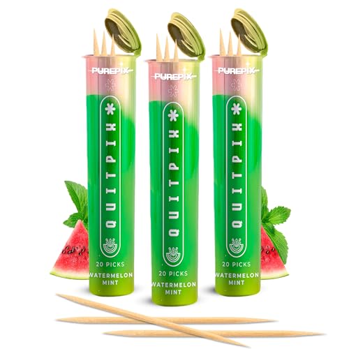 QuitPix Quit Smoking Toothpicks, Extra Thick Birchwood Flavored Sticks with NAC + L-Theanine, 3-Pack Watermelon Mint Flavor with 20 Sticks Each, Kosher Vegan, Nicotine Free Oral Fixation Alternative