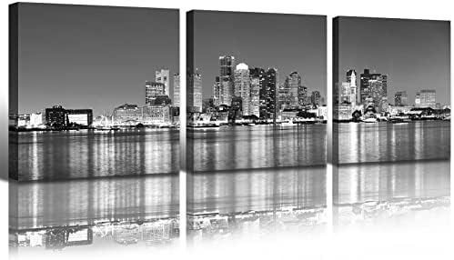 Black and White Boston Skyline Canvas Wall Art - 3 Pieces City Night Scene Panoramic Painting Pictures Canvas Print Modern Living Room Office Wall Decor Home Decorations Framed Ready to Hang 16"x16"x3