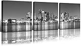 Black and White Boston Skyline Canvas Wall Art - 3 Pieces City Night Scene Panoramic Painting Pictur